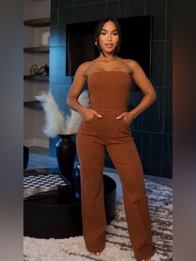 Fashion Nova|Strapless Wide-Leg Jumpsuit in Rust Brown Denim,Boho indie•••XL